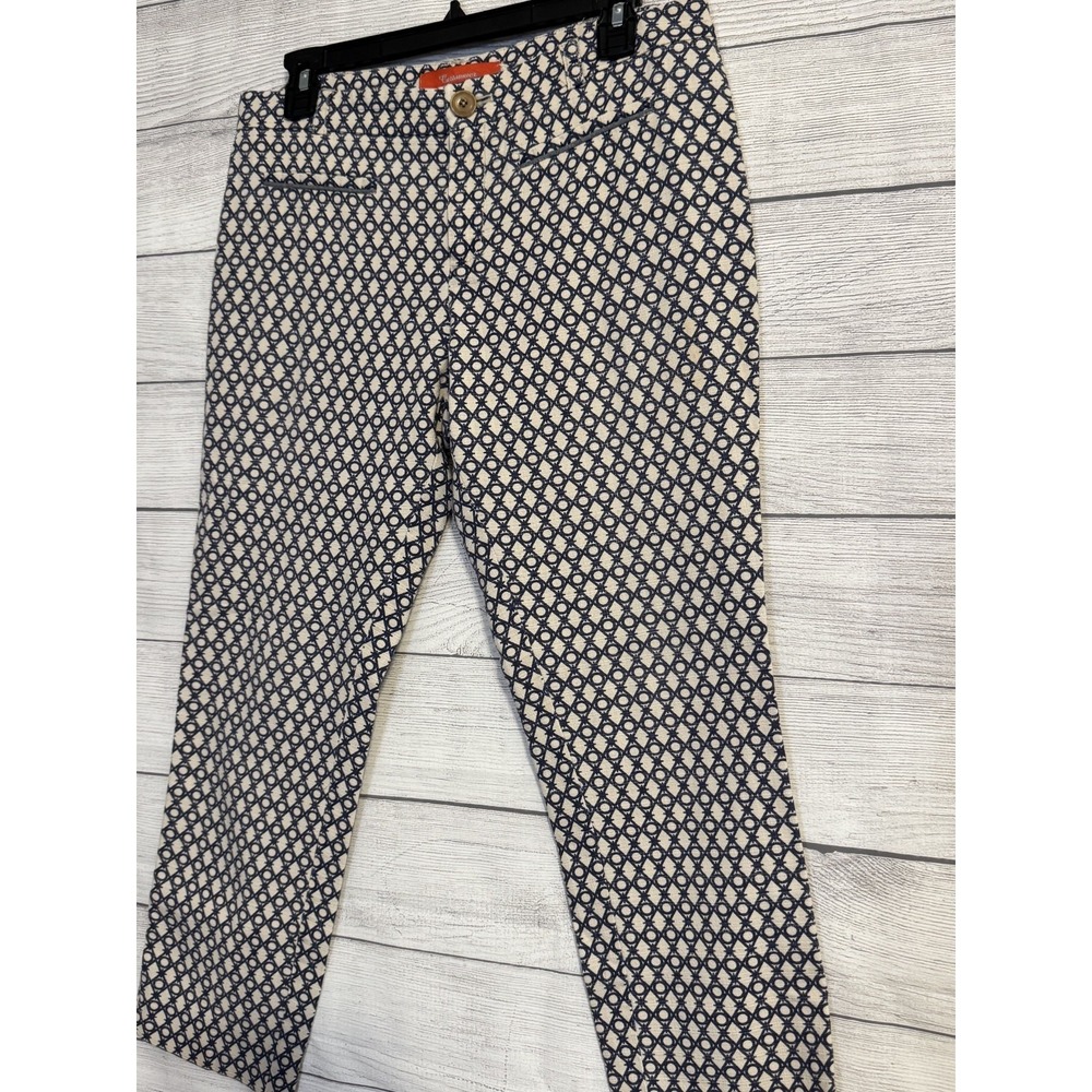 Cartonnier by Anthropologie Geometric Crop Ankle Pants Size 8 Navy Ivory Stretch